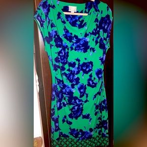 Donna Morgan cap sleeve green and blue floral dress